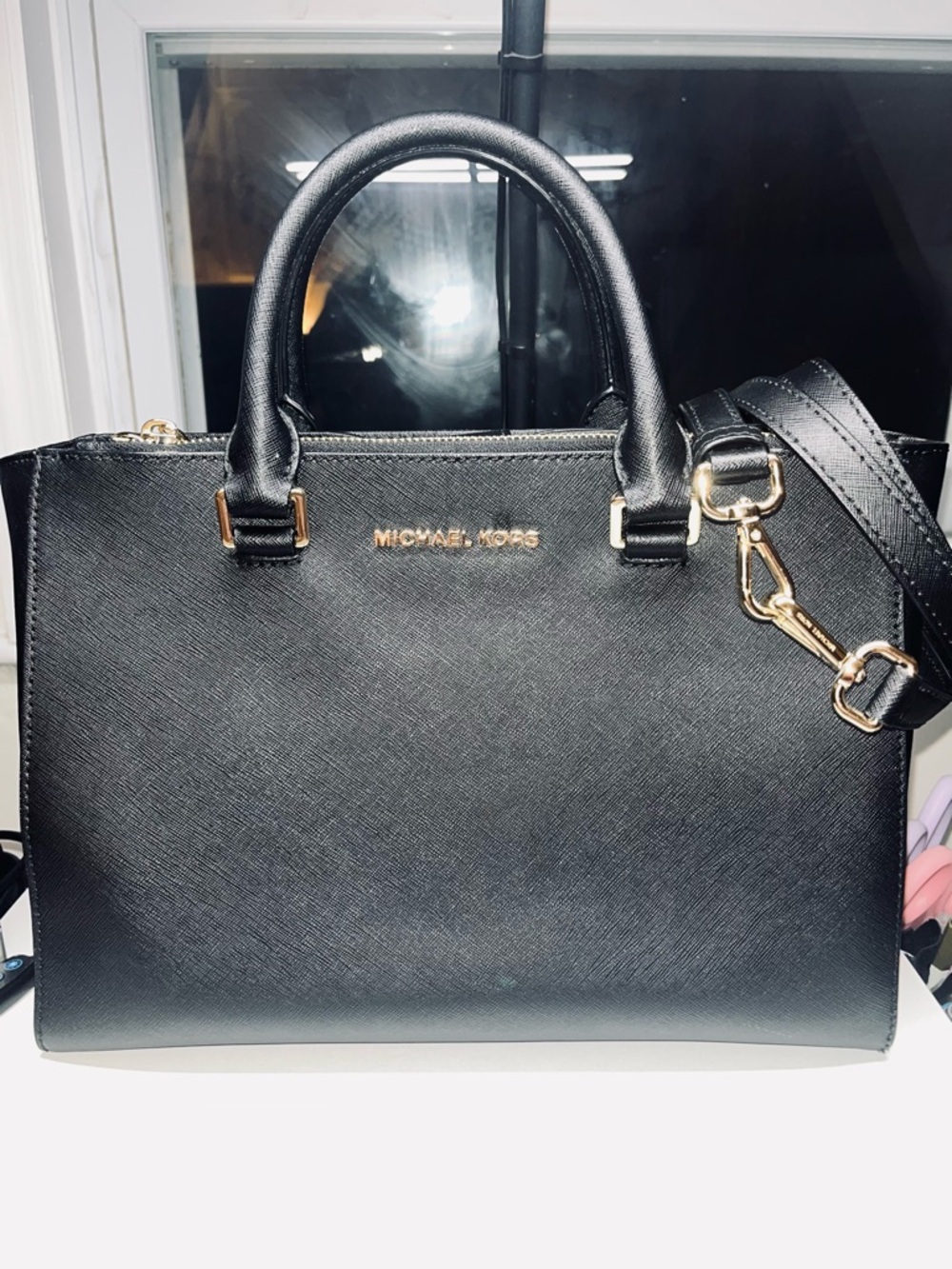 Michael Kors Black Saffiano Satchel with Gold Accents and Crossbody Straps